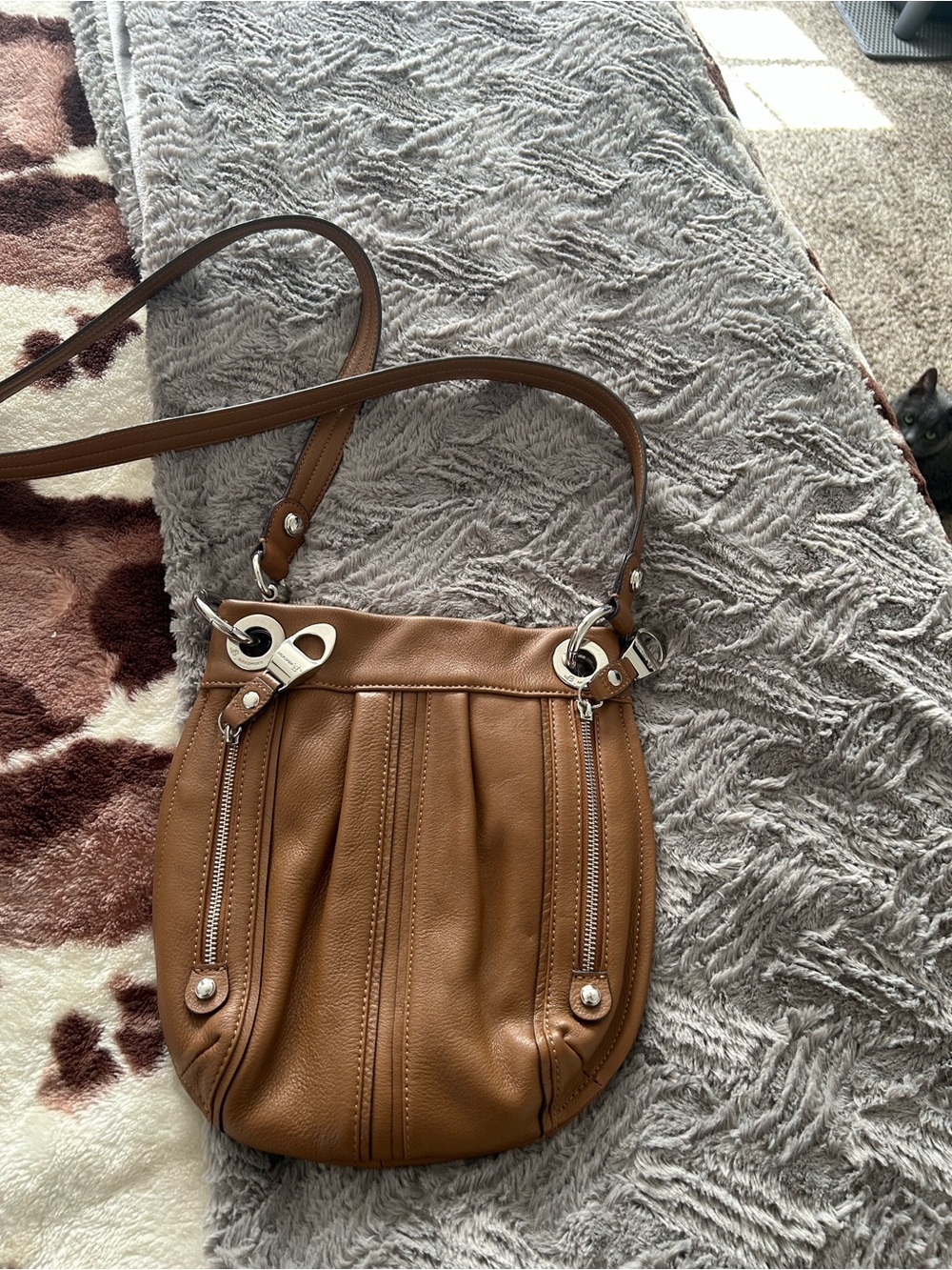 b. makowsky Brown Leather Pleated Crossbody with Silver Hardware